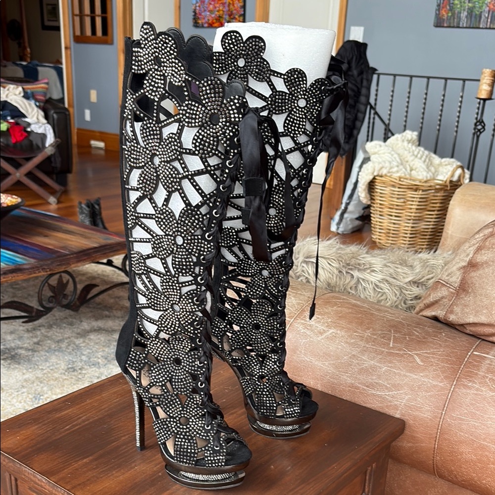 Black Stiletto Heels with Intricate Cutout Design